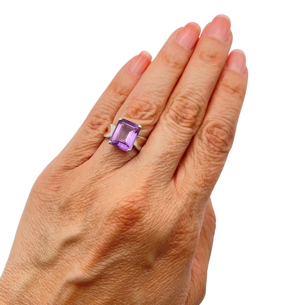 Sterling Silver Amethyst Purple Color Emerald Cut Solitaire CZ Cocktail Ring - Picture 9 of 10